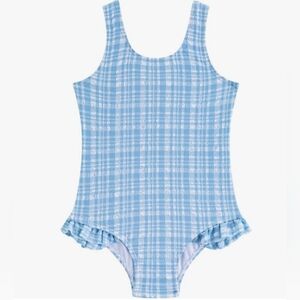 Girls' Light Blue Plaid Ruffle One-Piece Swimsuit C324
